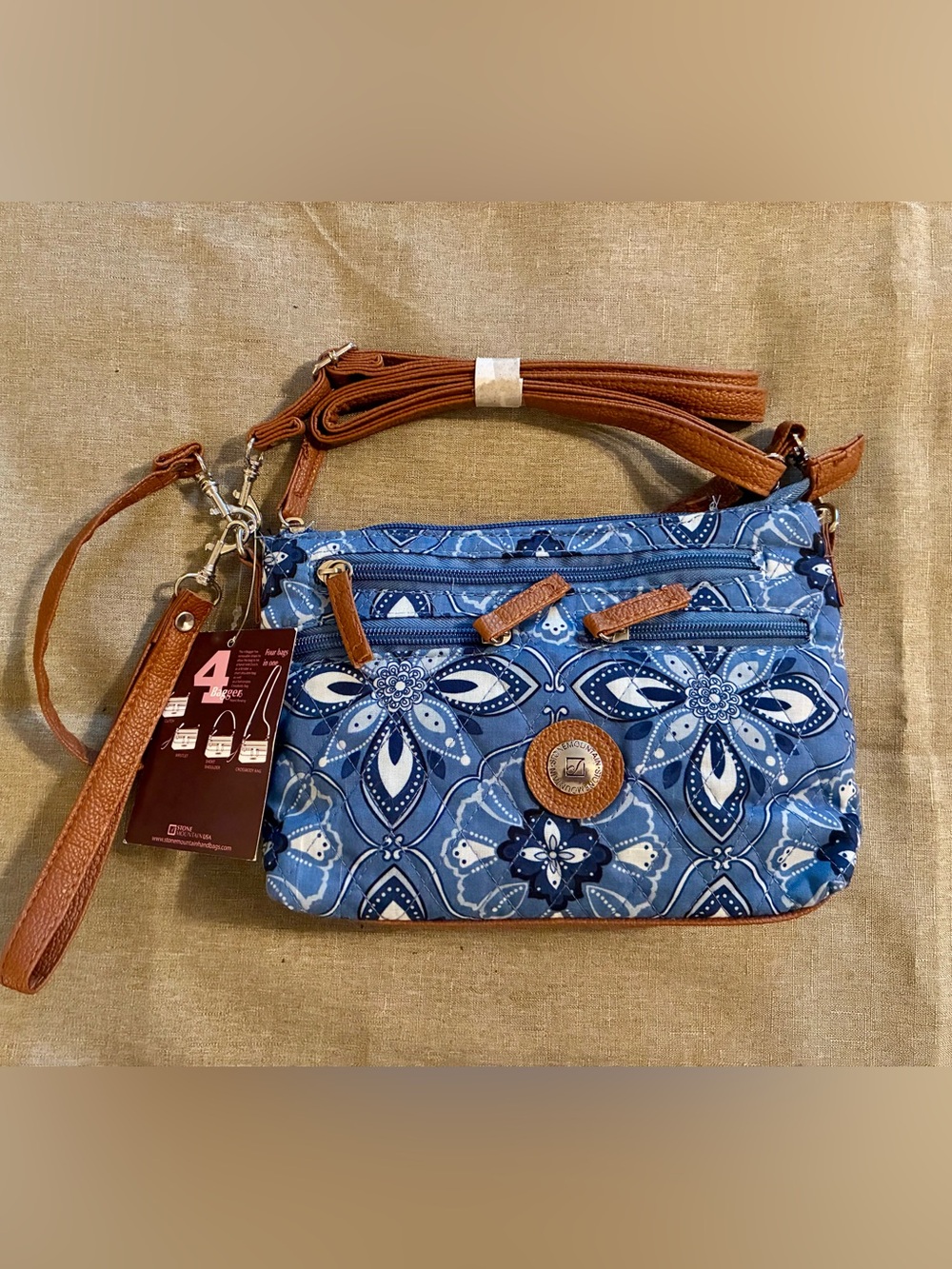 NWT Stone Mountain Blue Floral Quilted 4-Bagger Crossbody Convertible Bag